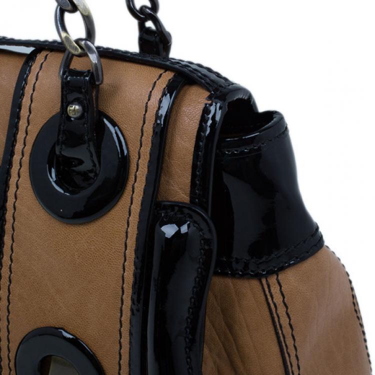 Pre Owned Fendi Brown Leather Patent Trim B Bag