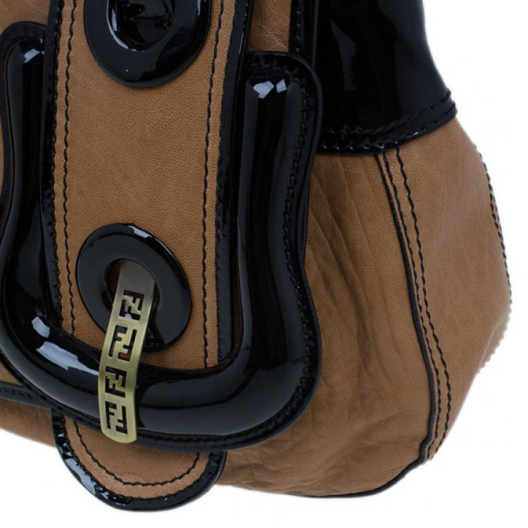Pre Owned Fendi Brown Leather Patent Trim B Bag
