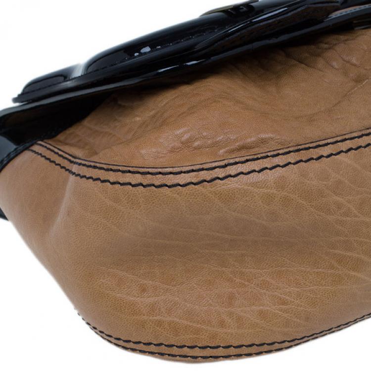 Pre Owned Fendi Brown Leather Patent Trim B Bag