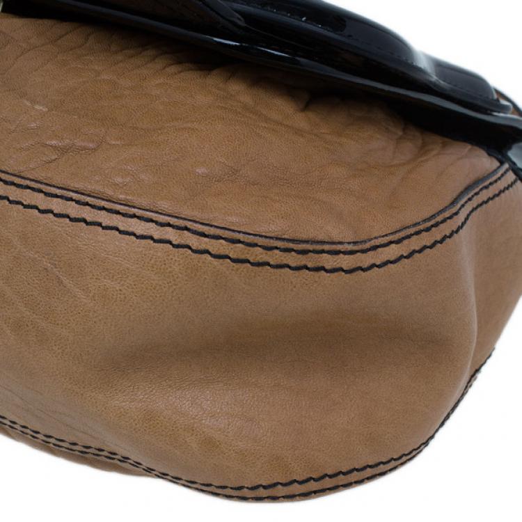 Pre Owned Fendi Brown Leather Patent Trim B Bag