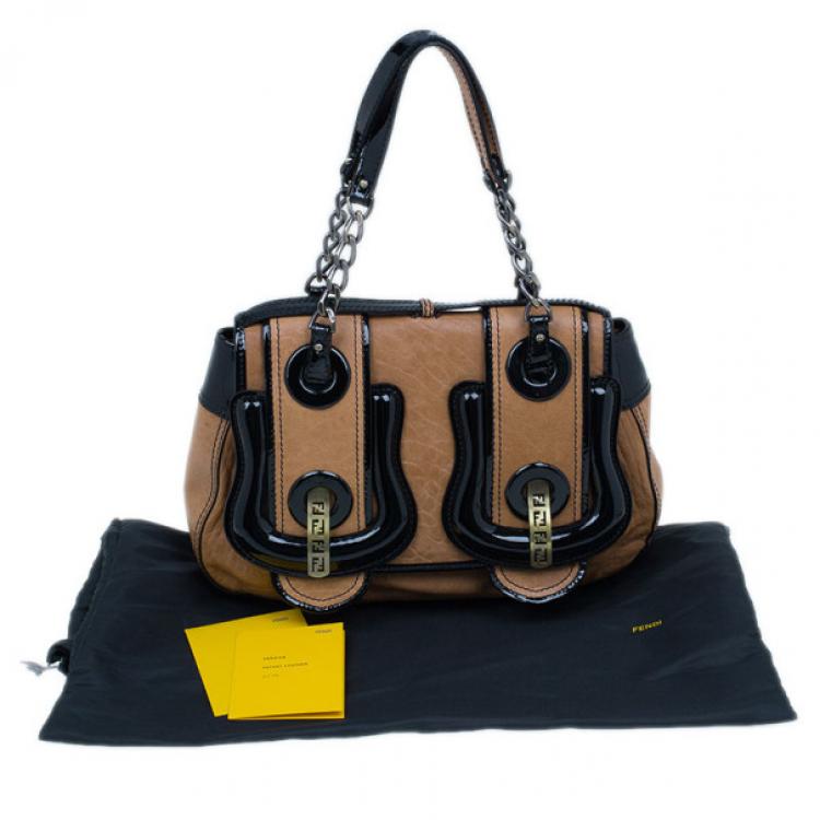 Pre Owned Fendi Brown Leather Patent Trim B Bag