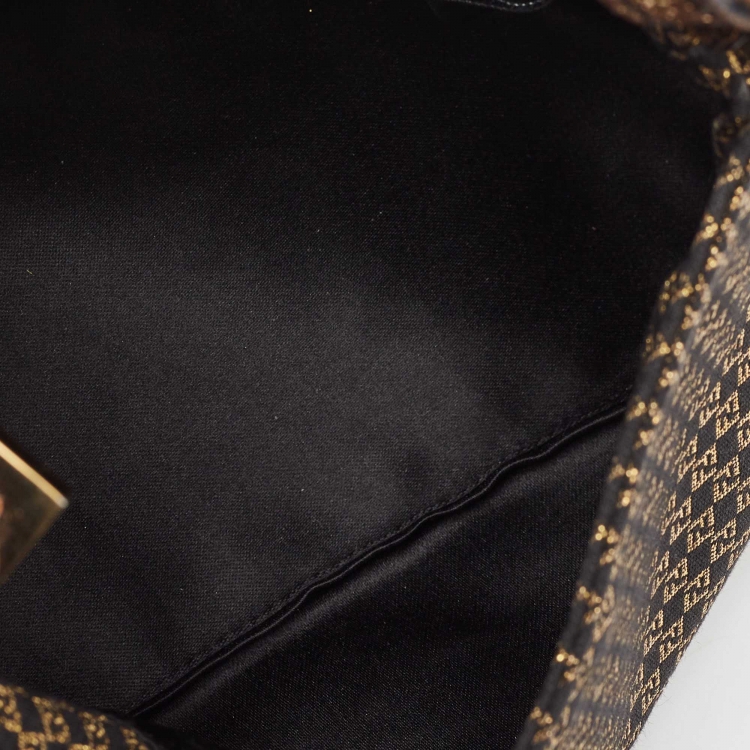 Pre Owned Fendi Gold/Black Printed Fabric and Leather Mini Mama Baguette Bag