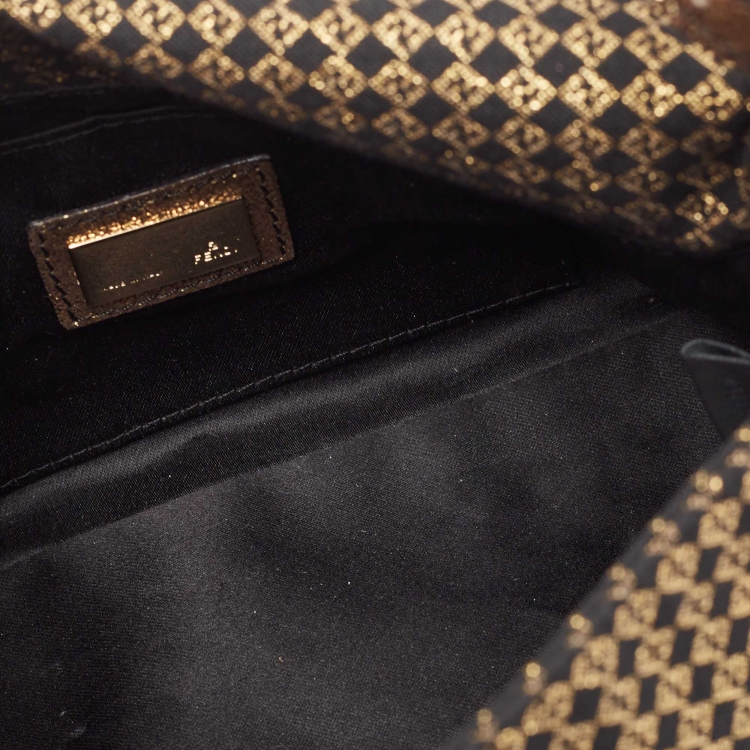 Pre Owned Fendi Gold/Black Printed Fabric and Leather Mini Mama Baguette Bag