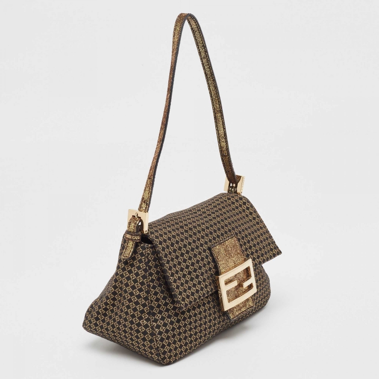 Pre Owned Fendi Gold/Black Printed Fabric and Leather Mini Mama Baguette Bag