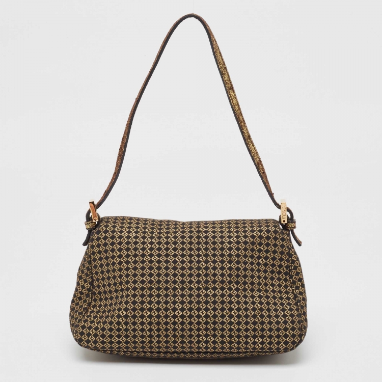 Pre Owned Fendi Gold/Black Printed Fabric and Leather Mini Mama Baguette Bag