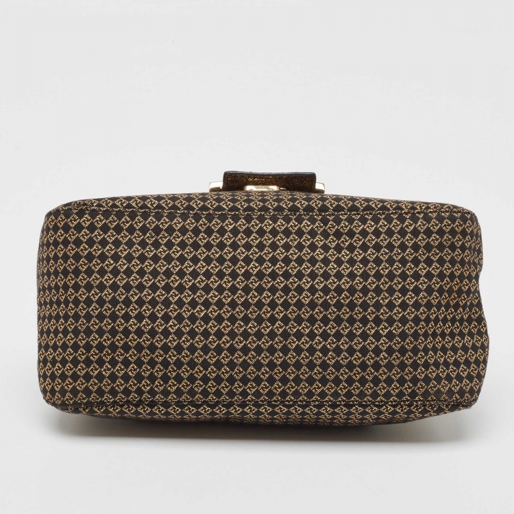 Pre Owned Fendi Gold/Black Printed Fabric and Leather Mini Mama Baguette Bag