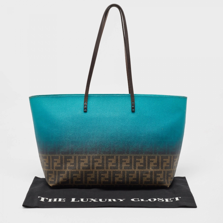 Pre Owned Fendi Ombre Green/Tobacco Zucca Coated Canvas and Leather Large Roll Tote