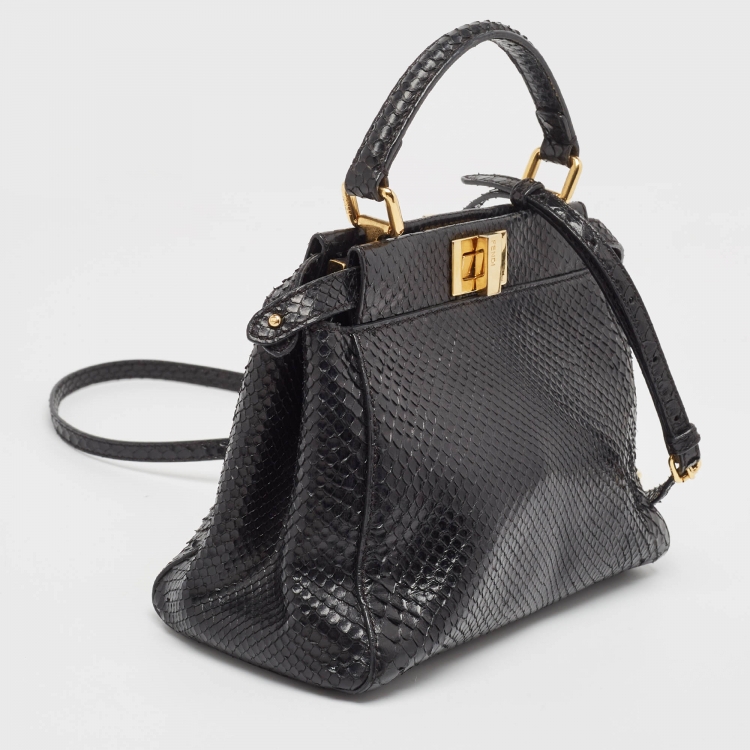 Pre Owned Fendi Black Snakeskin Mini Peekaboo Top Handle Bag