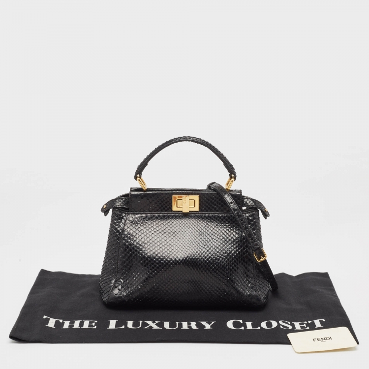 Pre Owned Fendi Black Snakeskin Mini Peekaboo Top Handle Bag