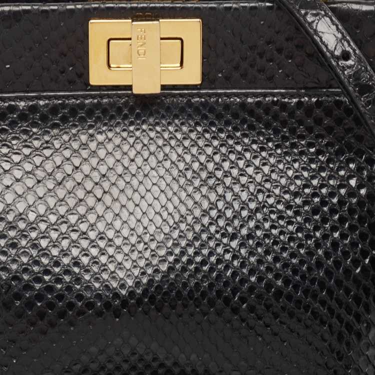 Pre Owned Fendi Black Snakeskin Mini Peekaboo Top Handle Bag