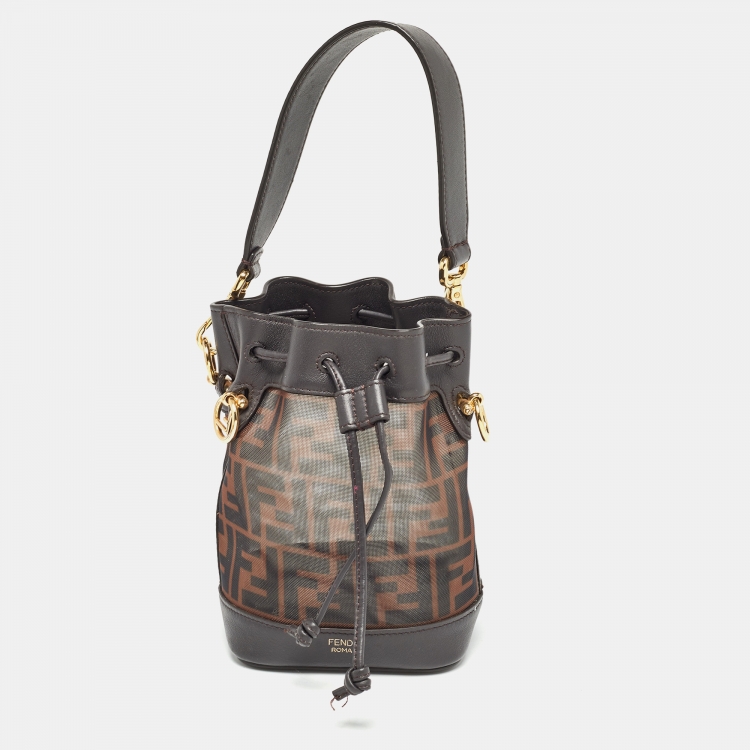 Pre Owned Fendi Choco Brown Zucca Mesh Nylon and Leather Mini Mon Tresor Bucket Bag