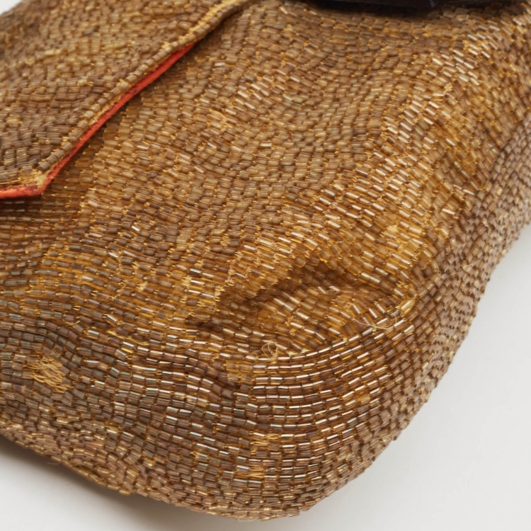 Pre Owned Fendi Brown Beaded and Leather Baguette Bag
