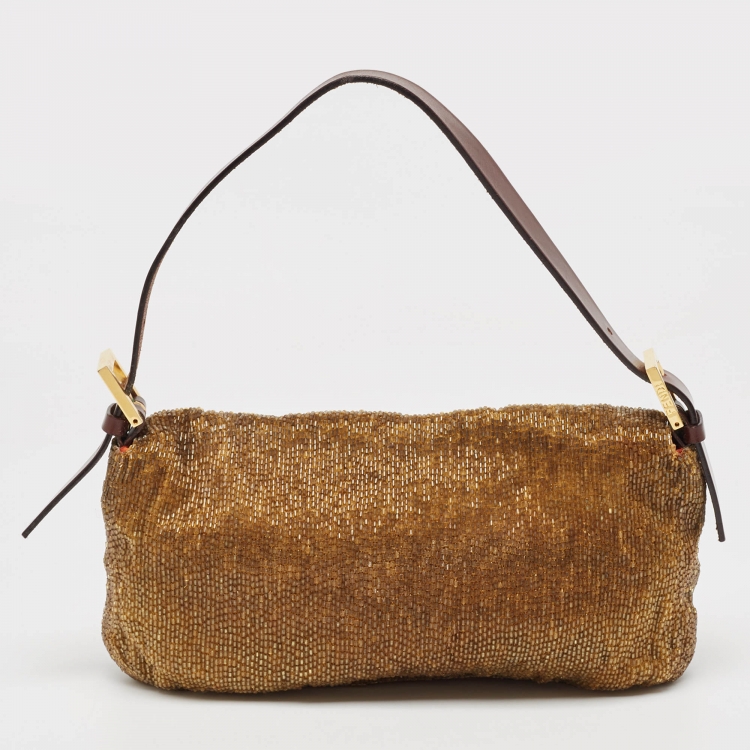 Pre Owned Fendi Brown Beaded and Leather Baguette Bag