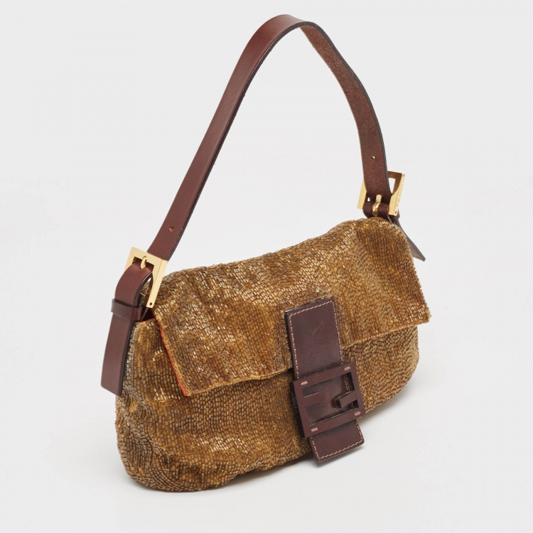 Pre Owned Fendi Brown Beaded and Leather Baguette Bag