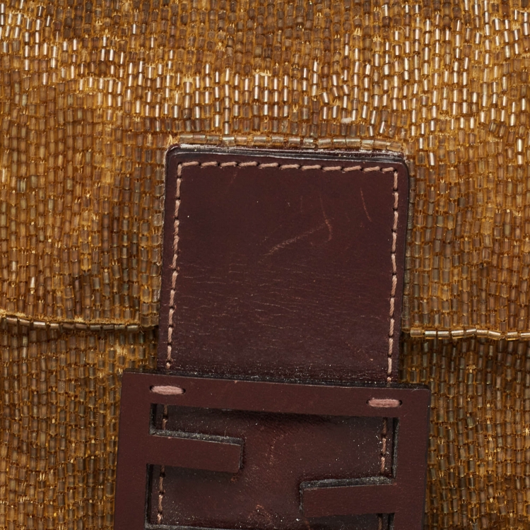 Pre Owned Fendi Brown Beaded and Leather Baguette Bag