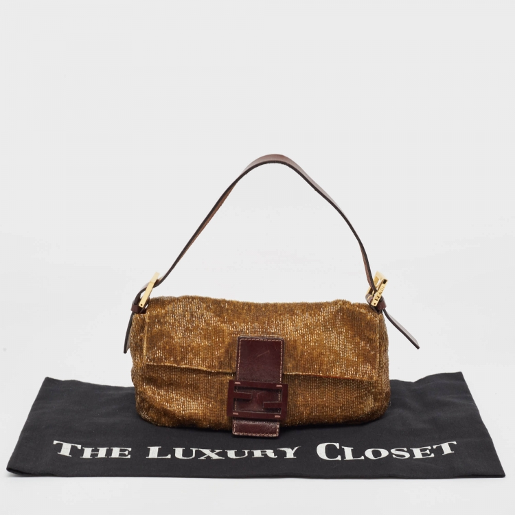 Pre Owned Fendi Brown Beaded and Leather Baguette Bag