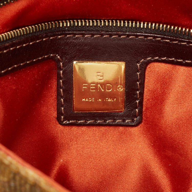 Pre Owned Fendi Brown Beaded and Leather Baguette Bag
