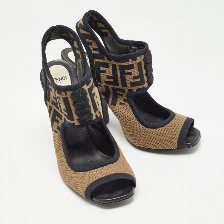 Pre Owned Fendi Brown Knit  Fabric Ankle Strap Sandals Size 41