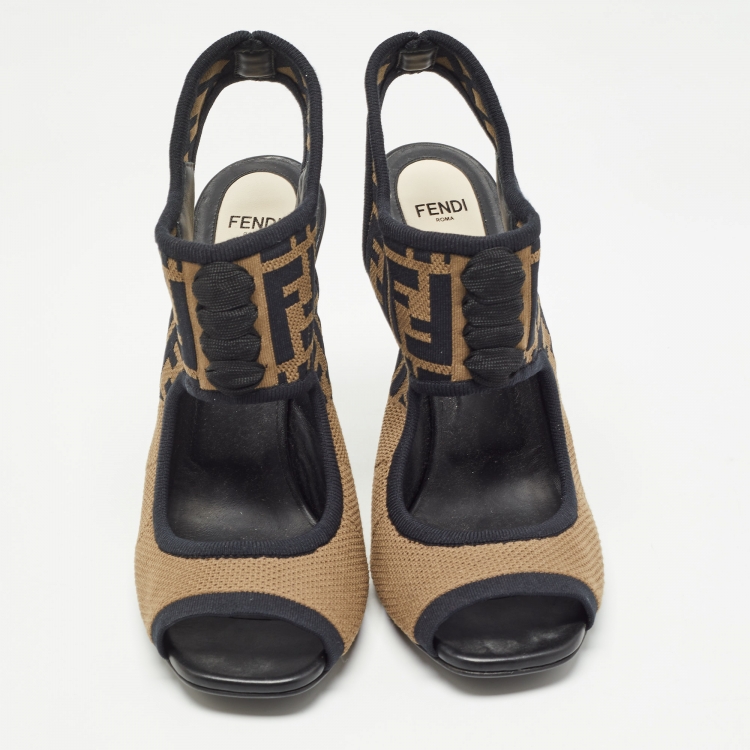 Pre Owned Fendi Brown Knit  Fabric Ankle Strap Sandals Size 41