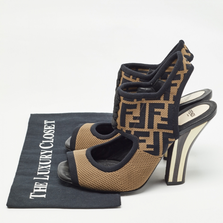 Pre Owned Fendi Brown Knit  Fabric Ankle Strap Sandals Size 41