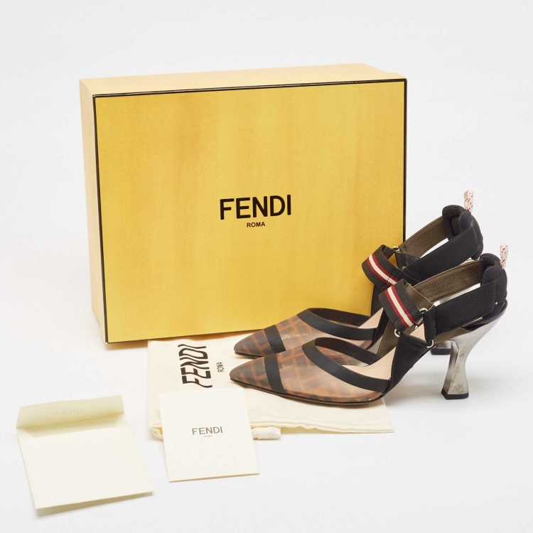 Pre Owned Fendi Brown/Black Zucca Mesh and Fabric Colibri Slingback Pumps Size 38