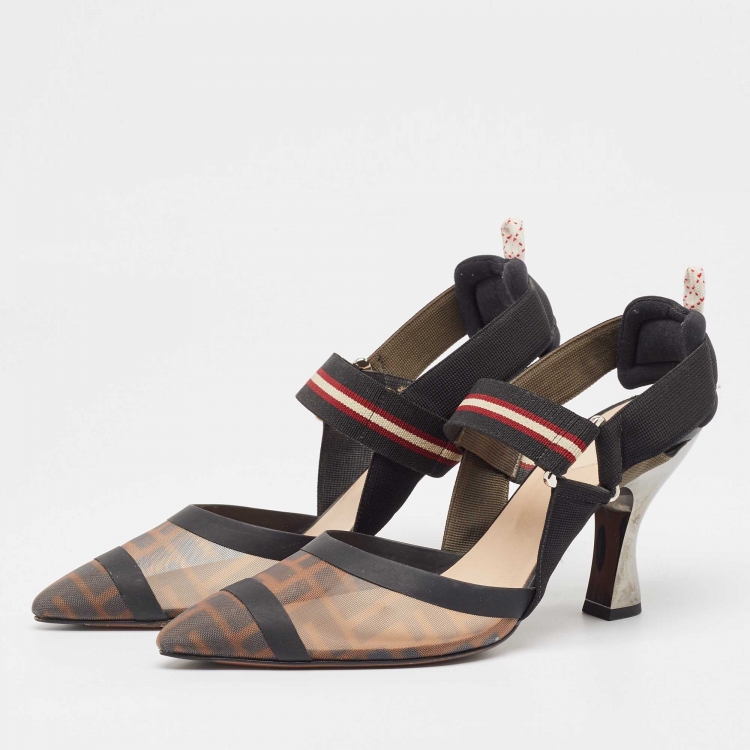 Pre Owned Fendi Brown/Black Zucca Mesh and Fabric Colibri Slingback Pumps Size 38