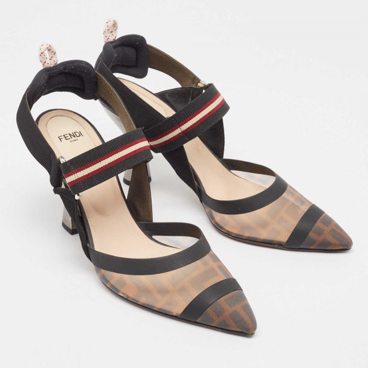 Pre Owned Fendi Brown/Black Zucca Mesh and Fabric Colibri Slingback Pumps Size 38