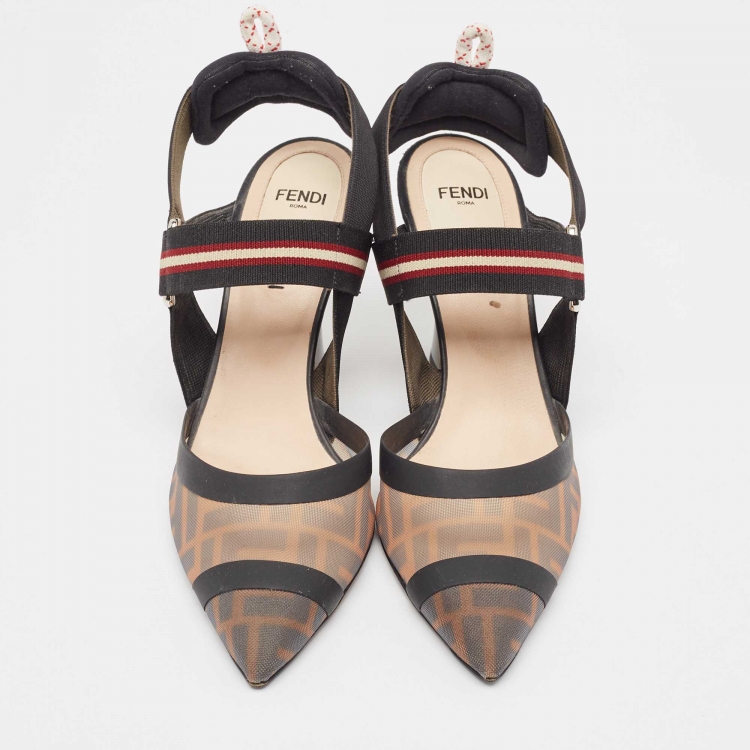 Pre Owned Fendi Brown/Black Zucca Mesh and Fabric Colibri Slingback Pumps Size 38