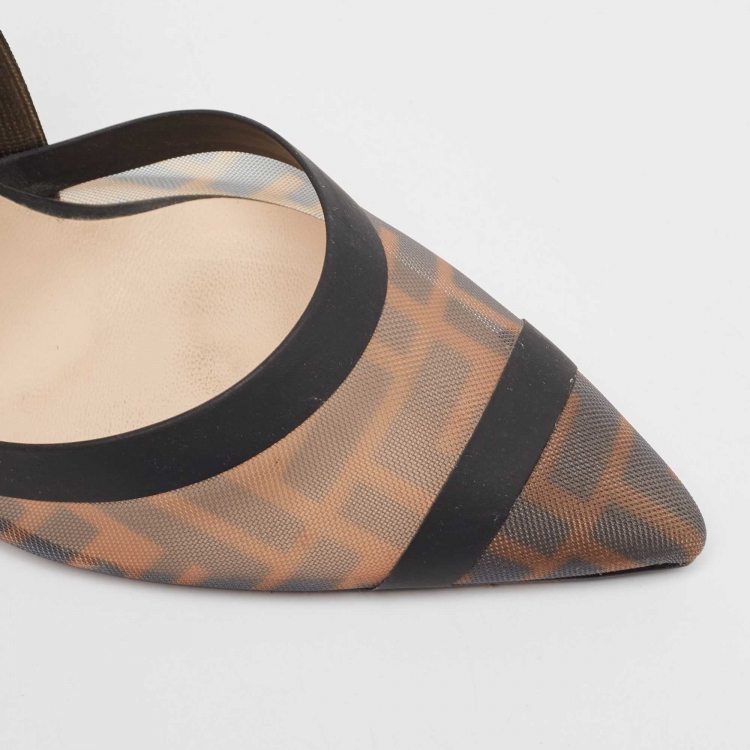 Pre Owned Fendi Brown/Black Zucca Mesh and Fabric Colibri Slingback Pumps Size 38