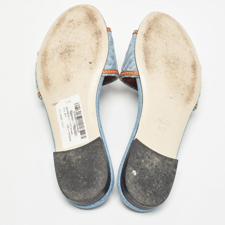Pre Owned Fendi Blue/Brown Denim and Leather Signature Flat Slides Size 38.5