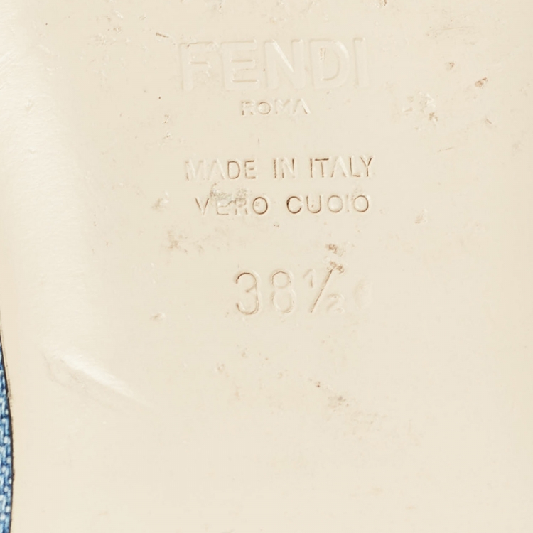 Pre Owned Fendi Blue/Brown Denim and Leather Signature Flat Slides Size 38.5