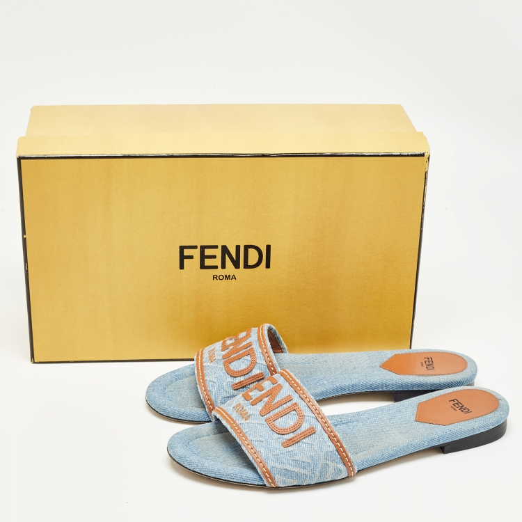 Pre Owned Fendi Blue/Brown Denim and Leather Signature Flat Slides Size 38.5