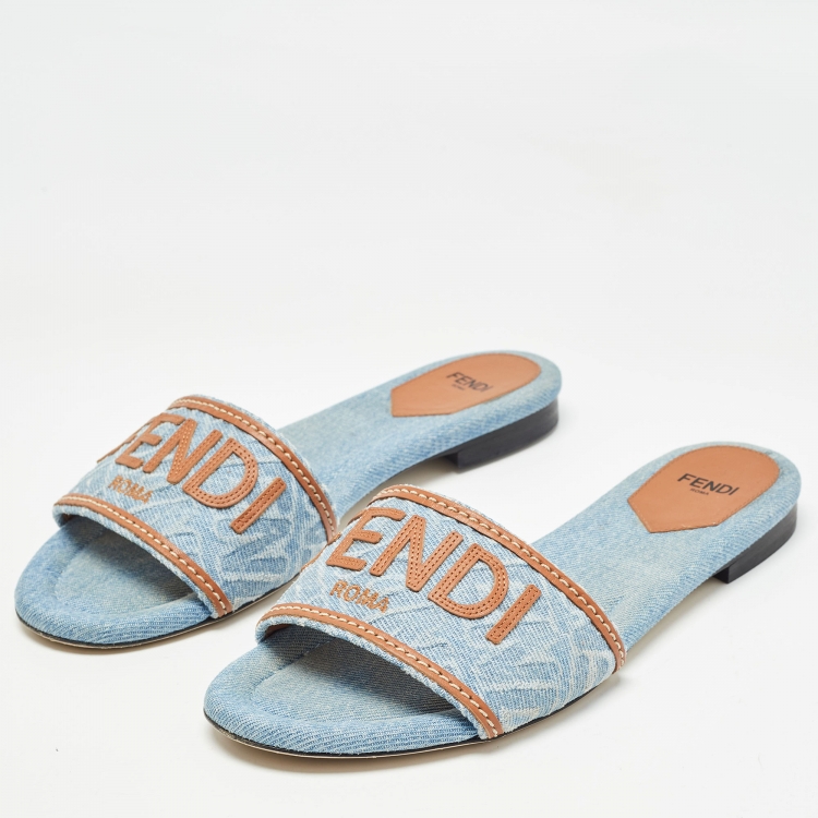 Pre Owned Fendi Blue/Brown Denim and Leather Signature Flat Slides Size 38.5