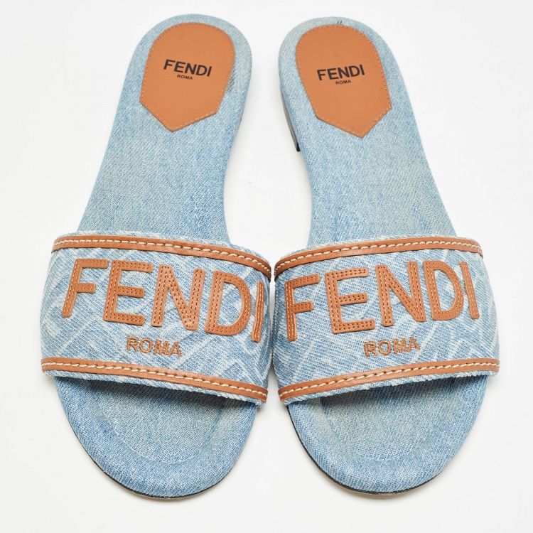 Pre Owned Fendi Blue/Brown Denim and Leather Signature Flat Slides Size 38.5