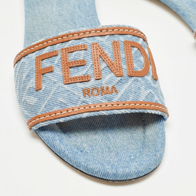 Pre Owned Fendi Blue/Brown Denim and Leather Signature Flat Slides Size 38.5