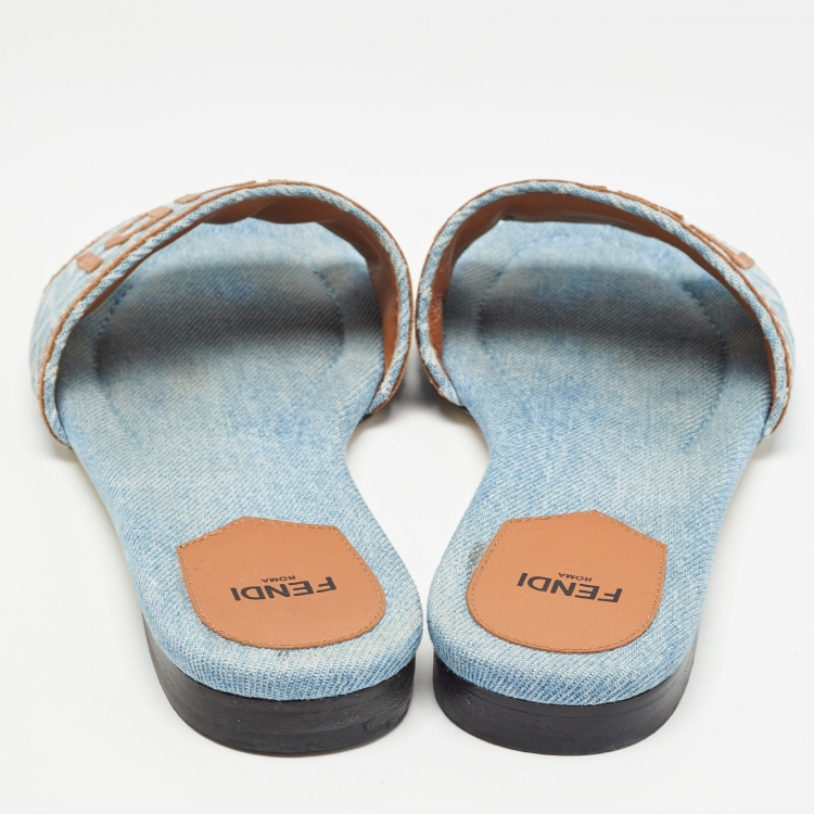 Pre Owned Fendi Blue/Brown Denim and Leather Signature Flat Slides Size 38.5