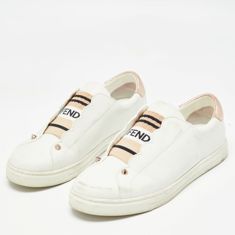مملوكة مسبقًا Fendi White Leather Rockoclick Slip On Sneakers Size 38