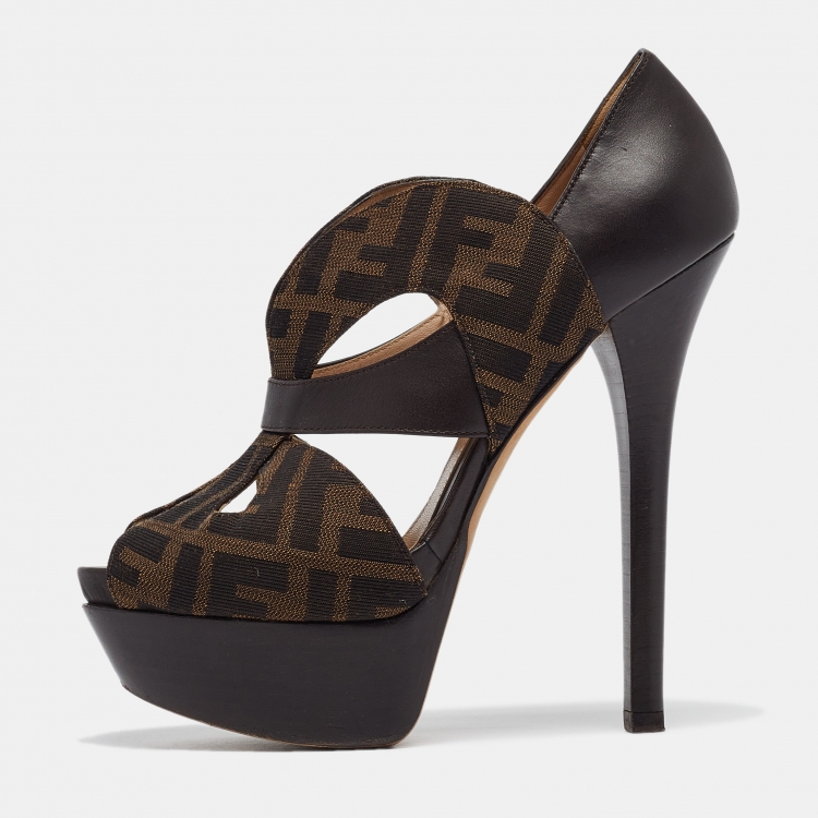 مملوكة مسبقًا Fendi Tobacco Zucca Canvas and Leather Liberty Platform Sandals Size 37.5
