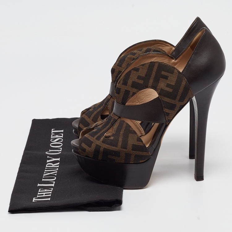 مملوكة مسبقًا Fendi Tobacco Zucca Canvas and Leather Liberty Platform Sandals Size 37.5