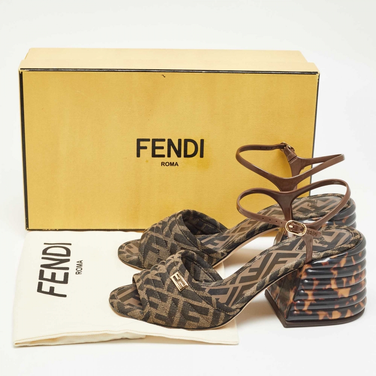 Pre Owned Fendi Brown Canvas And Jelly Ankle Strap Sandals Size 38.5