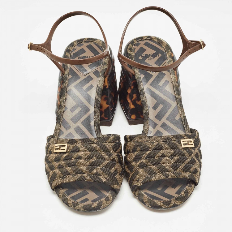 Pre Owned Fendi Brown Canvas And Jelly Ankle Strap Sandals Size 38.5