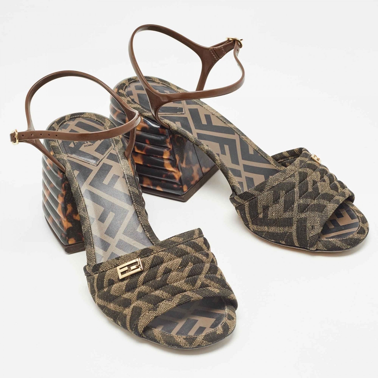 Pre Owned Fendi Brown Canvas And Jelly Ankle Strap Sandals Size 38.5