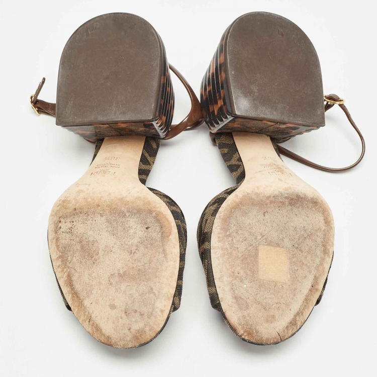 Pre Owned Fendi Brown Canvas And Jelly Ankle Strap Sandals Size 38.5
