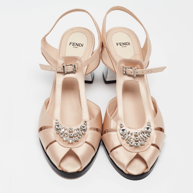 Pre Owned Fendi Pink Satin Crystal Embellished T-Bar Ankle Strap Sandals Size 41