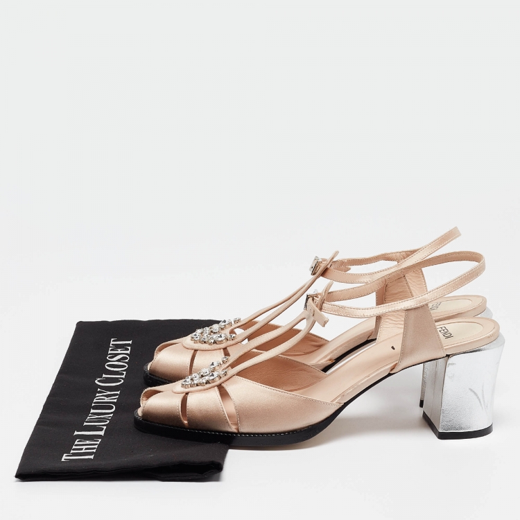 Pre Owned Fendi Pink Satin Crystal Embellished T-Bar Ankle Strap Sandals Size 41