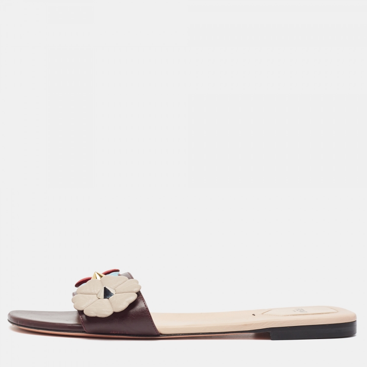 Pre Owned Fendi Burgundy Leather Flowerland Flat Slides Size 42