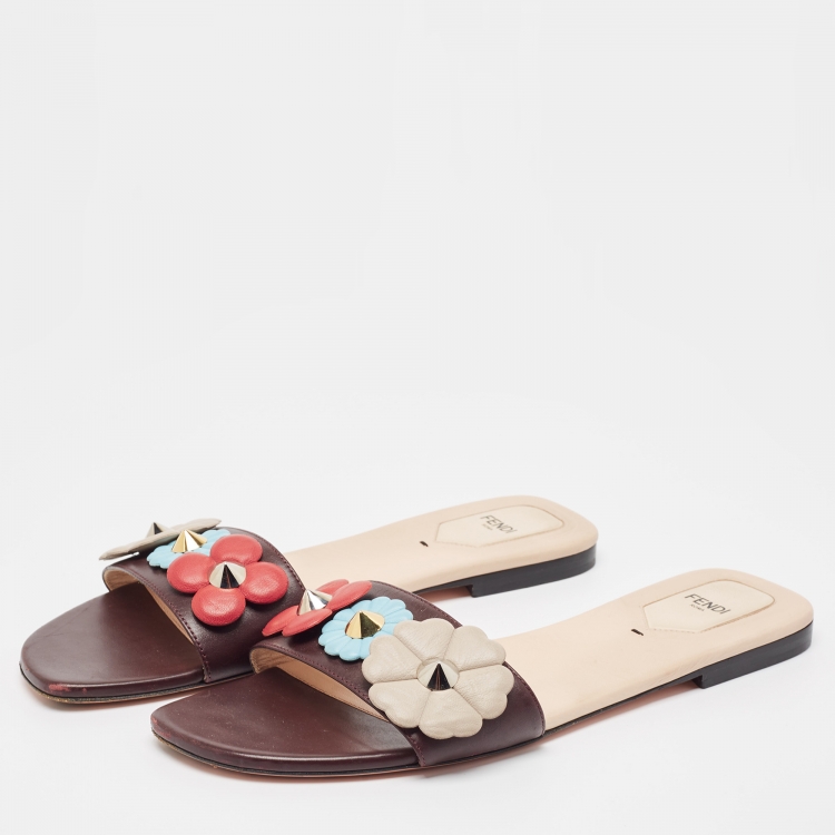 Pre Owned Fendi Burgundy Leather Flowerland Flat Slides Size 42
