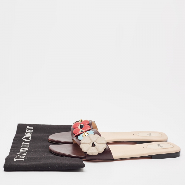 Pre Owned Fendi Burgundy Leather Flowerland Flat Slides Size 42