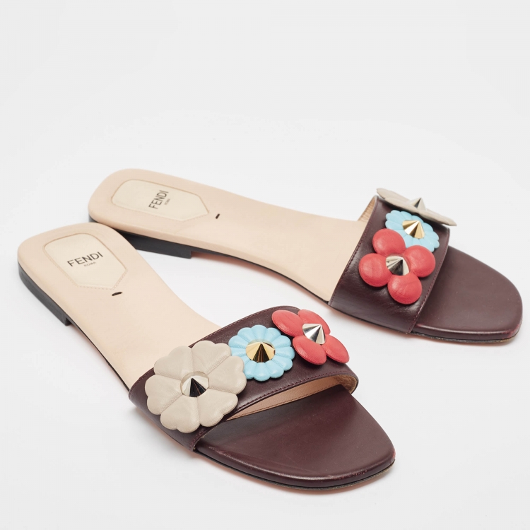 Pre Owned Fendi Burgundy Leather Flowerland Flat Slides Size 42