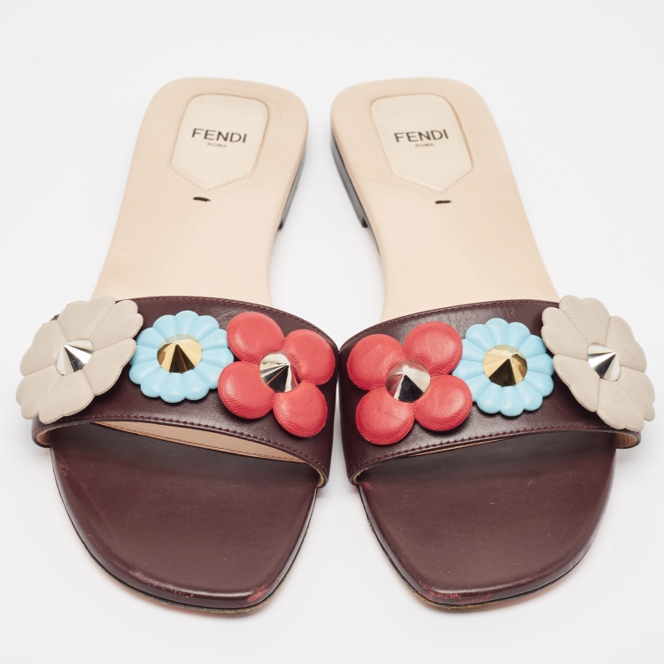 Pre Owned Fendi Burgundy Leather Flowerland Flat Slides Size 42